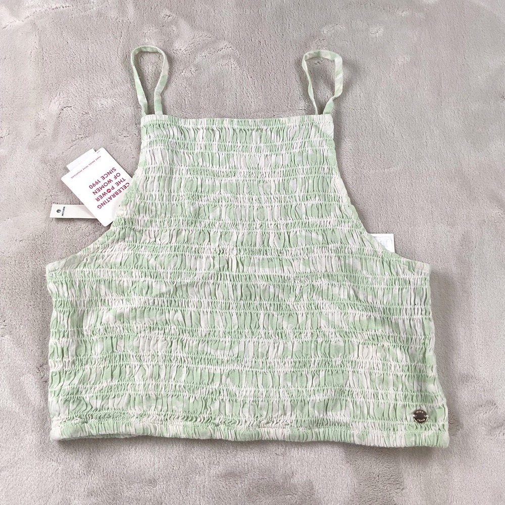 Roxy Womens Smocked Cropped Cami Tank Top Green White Viscose Large New